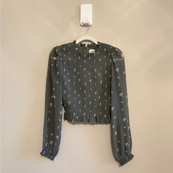 Aritzia Wilfred • Smocked Floral Long Sheer Puff Sleeve Blouse Sz M - Picture 3 of 10